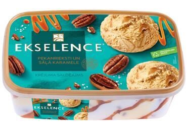 Ekselence krējuma saldējums vaniļas, ar sāļās karameles mērci un karamelizētiem pekanriekstiem 1000 ml/480g