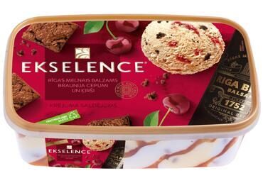 Ekselence saldējums ar liķiera garšu, ķiršu piedevu, braunija cepumiem, piena šokolādes gabaliņiem un Rīgas Melno Balzamu 1000 ml/480 g